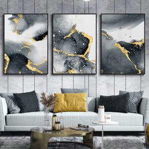 Abstract Wall Art Canvas Painting Golden Black Marble Posters and Prints Modern Luxury Wall Pictures for Living Room Home Design