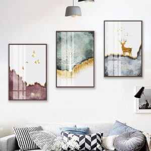 Abstract Water Color Tree and Deer Poster Canvas Print Forest Wall Art Picture Modern Minimalist for Living Room Decorative 4-12