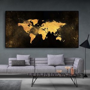 Abstract black gold world map canvas painting poster and printed Nordic Fresco picture room decoration