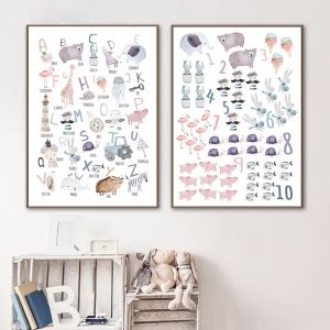 Alphabet Poster Number Educational Canvas Painting Nursery Wall Art Prints Animals Illustration Learning Picture Kids Room Decor