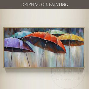 Artist Hand-painted Romantic Rainy Day Colorful Umbrella Oil Painting On Canvas Modern Umbrella Painting Picture for Bedroom