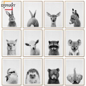 Baby Animal Poster Rabbit Giraffe Elephant Canvas Painting Black and White Nursery Wall Art Nordic Picture Kids Room Decoration