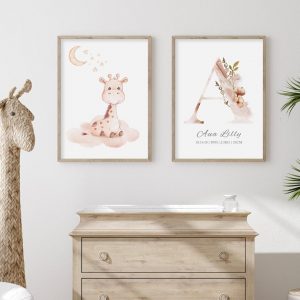 Baby Girl Nursey Newborn Birth Stats Pink Personalized Initial Name Canvas Painting Poster Print Wall Art Picture Home Decor