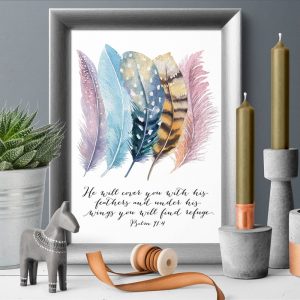 Bible Verse Psalm 91:4 Poster Canvas Art Prints , Birds Feathers Scripture Christian Quotes Canvas Painting Wall Art Home Decor