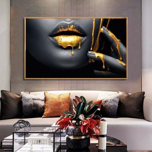 Black Africa Woman Golden Lip Portrait Canvas Painting Posters and Prints Wall Art Picture for Living Room