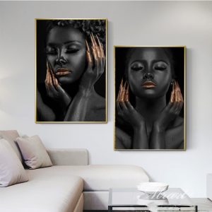 Black Girls Golden Nails Oil Painting Fashion Model Wall Art Posters and Prints Canvas Pictures  for Living Room Home Decor