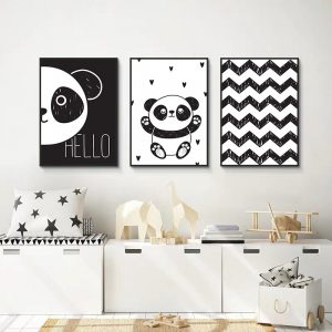 Black White Animal Cute Panda Nursery Canvas Painting Line Abstract Child Poster And Print Nordic Picture Kid Baby Room Decor