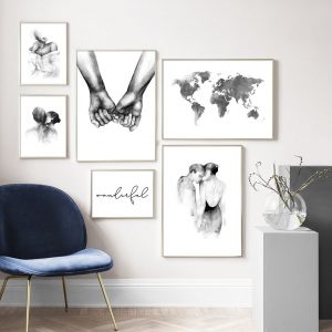 Black White Ink Lovers Hand Map Wall Art Canvas Painting Nordic Posters And Prints Wall Picturs For Living Room Wedding Decor