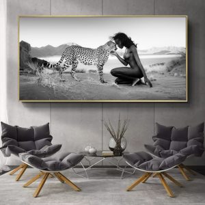 Black White Natural Landscape Posters and Prints Wall Art Canvas Painting Snow Leopard and Nude Women Picture for Living Room
