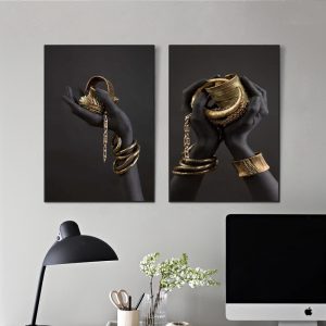 Black and Gold Hand Bracelet Canvas Painting African Art Cuadros Posters and Prints Wall Art Picture for Living Room HD0008