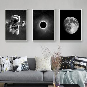 Black and White Astronauts and Moon Canvas Painting Home Art Hanging Painting Wall Pictures for Living Room Space Style Kids
