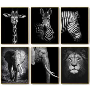 Black and White Canvas Painting Animal Wall Art Lion Elephant Deer Zebra Poster Wall Picture Decorative Painting Creative