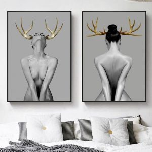 Black and White Characters Elk Horn Girl Abstract Art Nordic Decorative Painting HD Picture Wall Poster Creative Canvas Painting