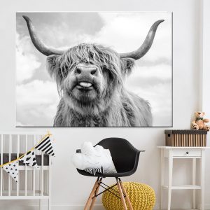 Black and White Highland Cow Cattle Wall Canvas Art Nordic Painting Poster and Print Scandinavian Wall Picture for Living Room