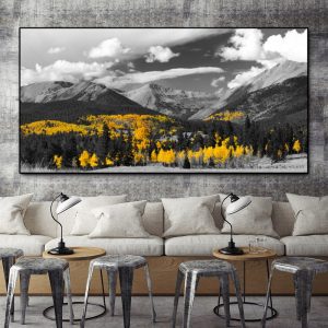 Black and White Landscape Posters and Prints Golden Yellow Trees Mountain Clouds Canvas Painting Wall Pictures for Living Room
