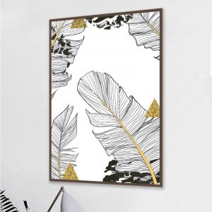 Black and White Plant Green Leaves Canvas Painting Gold Art Print Poster Picture Modern Minimalist for Bedroom Living Room 4-62