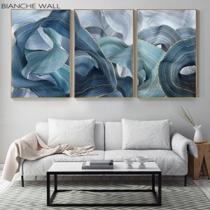 Blue Green Gold Lines Wavy Geometric Poster New Chinese Canvas Print Painting Contemporary Wall Art Home Decoration Picture