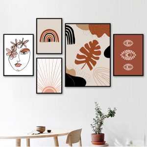 Boho Wall Art Flower Line Face Poster Mid Century Sun Rainbow Print Abstract Leaf Canvas Painting Neutral Pictures Home Decor