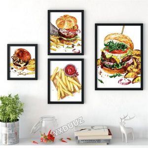 Burger kitchen watercolor cheese burger with fries wall art deco Art Decor quality Nursery Kids Room posters canvas painting 337