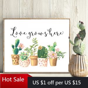 Cactus Art Print Love Grows Here Potted Cactus Wall Picture Prints Nursery Decor Inspirational Quote Canvas Painting Wall Decora