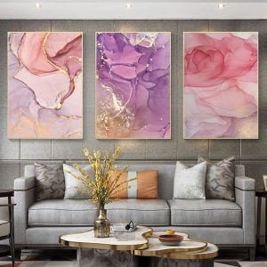 Canvas Poster Abstract Watercolor Rendering Paintings Pink and Golden Pictures Wall Art Modern Living Room Kitchen Pop Art Decor