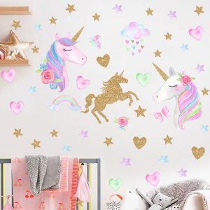 Cartoon Unicorn Horse Star Heart Shape Pattern Wall Stickers For Kids Room Home Decoration Diy Animal Mural Art Pvc Decal