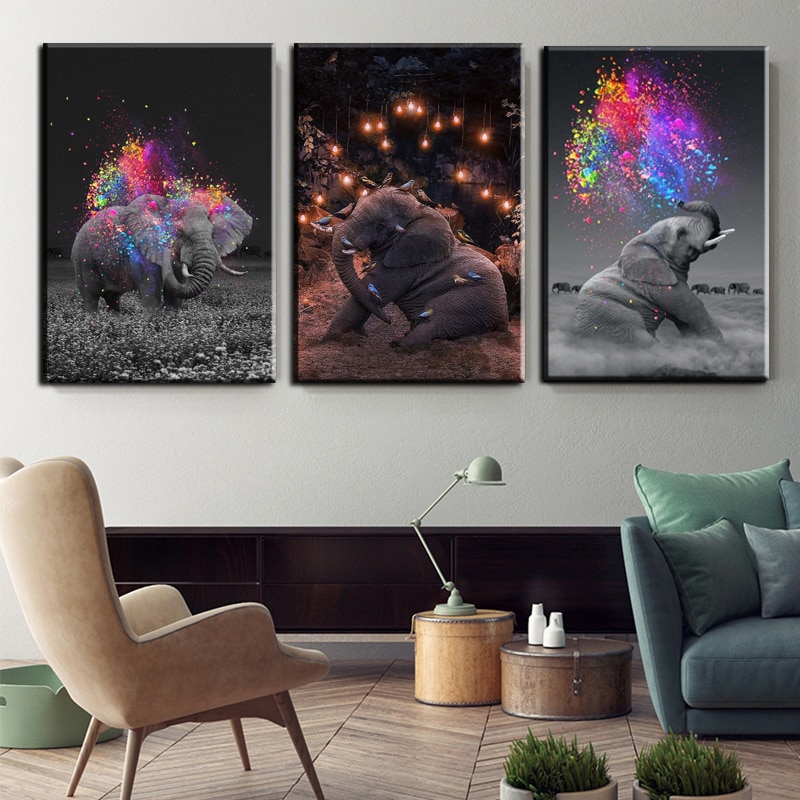 Elephant Wall Art for Kids Room Bathroom Hand-Painted Cute Small Animal Oil Painting Colorful Funny Canvas Artwork Framed Creative Picture Modern Home Bedroom Decoration 8x8inch