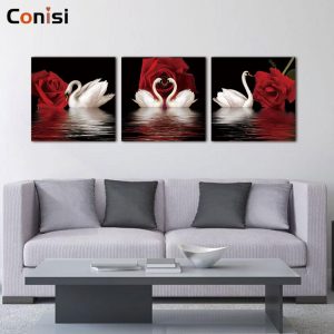 Conisi 3 Panels Nordic Prints Red Rose White Swan Poster Modern Wall Art Canvas Paintings Home Decor for Bedroom Decoration