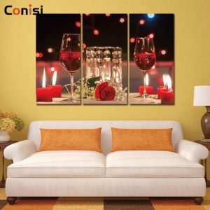 Conisi Nordic Red Wine Glass Rose 3 Panels Wall Art Canvas Poster Home Decor Nightlife Poster for Dinnerroom Decoration