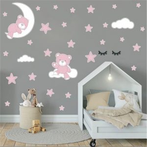 Cute Moon Stars Bear Wall Stickers For Kids Baby Room Home Nursery Art Decorative Sticker Children Bedroom Decals Murals Muraux