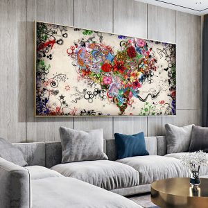DDHH Wall Art Picture Canvas Print Love Painting Abstract Colorful Heart Flowers Posters Prints for Living Room Home No Frame