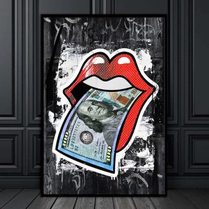 DDHH  Wall Art Prints Posters Sexy Red Lips U.s Dollar Money Modern Canvas Paintings For Living Room Home Office Decor No Frame