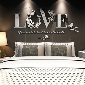 DIY 3D Leaf LOVE Stylish Wall Sticker Art Vinyl Decals Acrylic Mirrored Decor Bedroom Living Room Decor Removable Sticker--