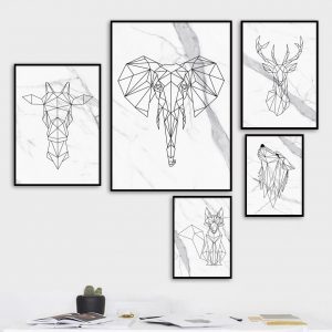 Elephant Deer Giraffe Fox Wolf Wall Art Canvas Painting Posters Black And White Geometric Lines Living Room Home Decoration