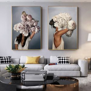 Flowers Feather Woman Abstract Canvas Painting Abstract Wall Art Poster Print Modern Decorative Picture Living Room Decoration