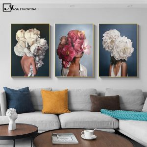Flowers Feather Woman Abstract Canvas Painting Abstract Wall Art Poster Print Modern Decorative Picture Living Room Decoration