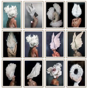 Flowers Feathers Woman Abstract Canvas Painting Wall Art Print Poster Picture Decorative Painting Living Room Home Decoration