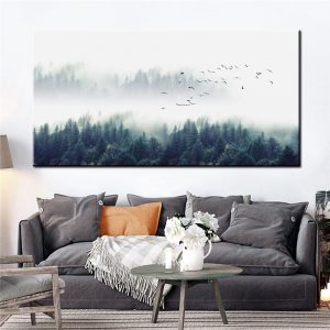 Foggy Forest Canvas Poster Landscape Art Print Long Banner Painting Nordic Art Decoration Nature Wall Picture for Living Room