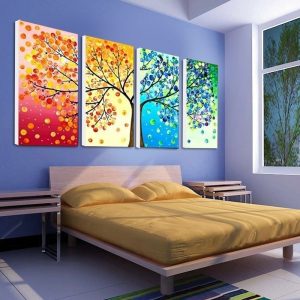 Four Season Lucky Life Tree Canvas Painting Plant Abstract Wall Art Print Poster Canvas Art Wall Pictures for Living Room Decor