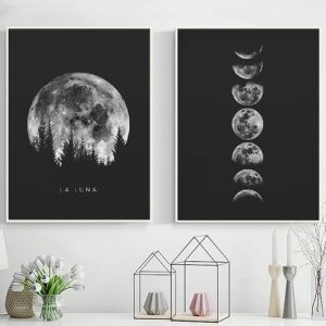 Full Moon Poster Wall Art Black White Moon Phases Prints Solar System Canvas Painting Minimalist Picture for Living Room Decor