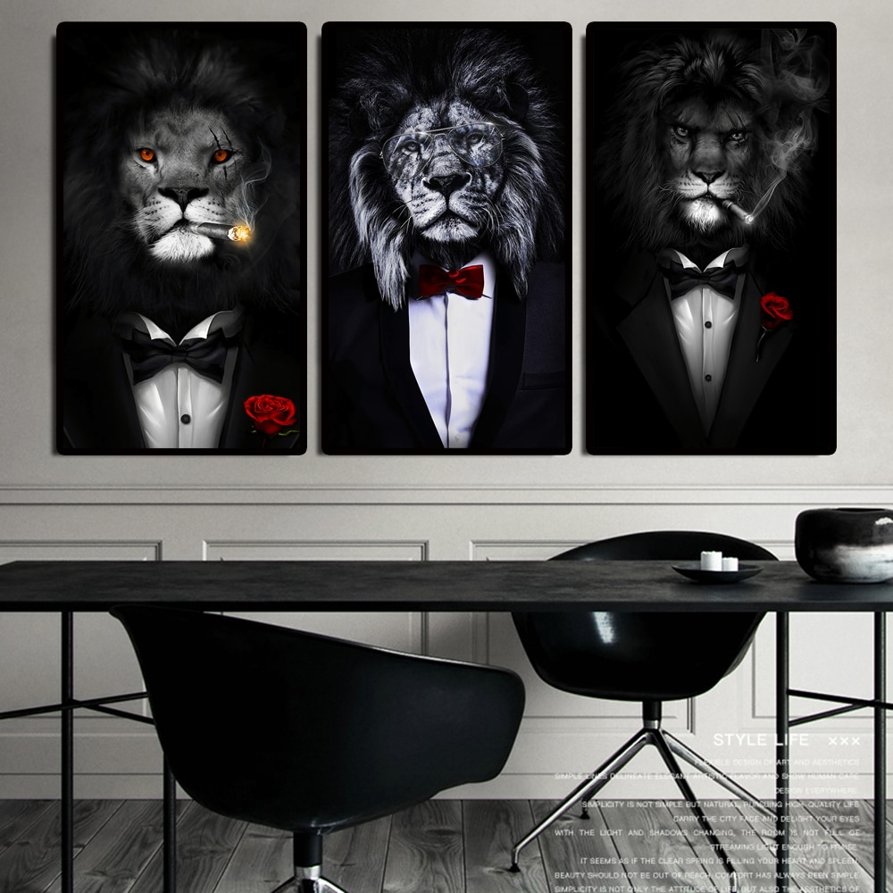 Funny Animal Black White Lion In Suit Canvas Art Posters And Prints  Abstract Animals Canvas Paintings On the Wall Art Pictures – Nordic Wall  Decor
