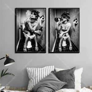Art Decor Black and White Sexy Woman On Toilet Smoking Driking Wall Art Canvas Painting Silk Poster