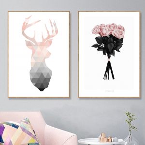 Geometric Deer Abstract Canvas Art Print Rose Flower Posters And Prints Nordic Poster Pink Art Painting Wall Pictures Home Decor