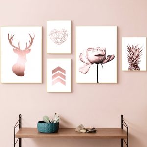 Geometric Heart Deer Canvas Painting Tropical Pineapple Wall Art Rose Gold Print Peony Flower Nordic Poster Pictures Home Decor