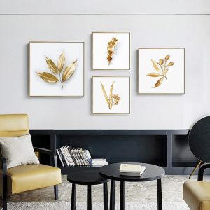 Gold Plant Luxury Picture Home Decor Wall Art Canvas Painting Abstract Fresh Leaves Posters and Prints Art Decor for Living Room
