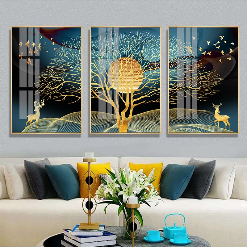 Modern Golden Abstract Deer Tree Bird Wall Art Canvas Painting For Home Decor