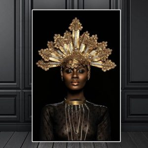 Golden Crown African Woman Canvas Painting Black Gold Sexy Model Art Poster Home Wall Art Canvas Decoration Painting Pictures
