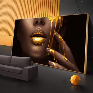 Golden Dripping On Woman Lip Nordic Modern Canvas Art Poster And Print Wall Picture Scandinavian Cuadros For Home Decoration