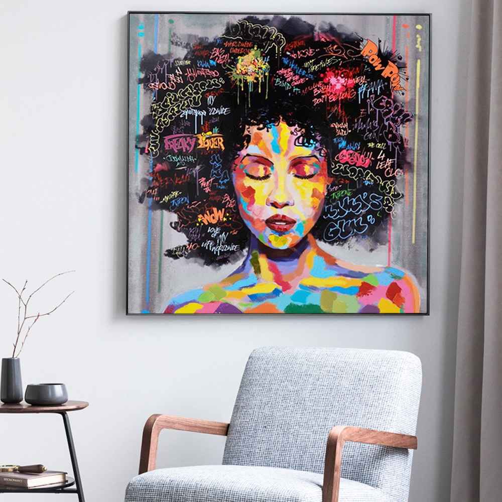 Graffiti African Girl With Letters Wall Art Canvas Modern Pop Wall Abstract Art Paintings Black Woman Picture Home Decor Nordic Wall Decor