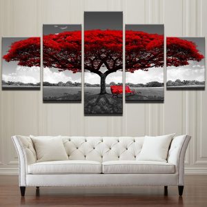HD Printed Modern Living Room Frame Modular 5 Panel Red Tree Scenery Painting Wall Art Poster Home Decoration Canvas Pictures